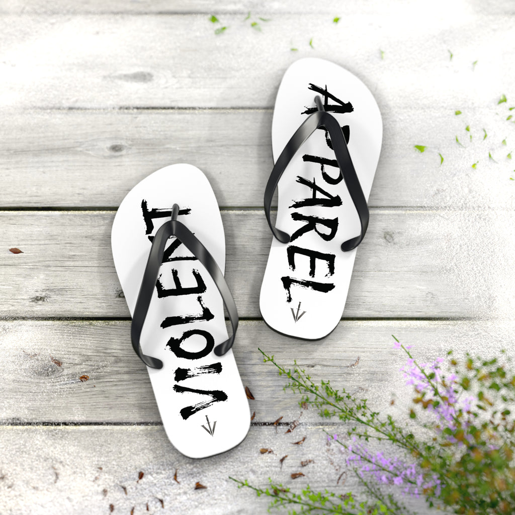 Violent Shower Shoes (Flip Flops) – Black & White 'VIOLENT' / 'APPAREL' Graphic Beach Sandals