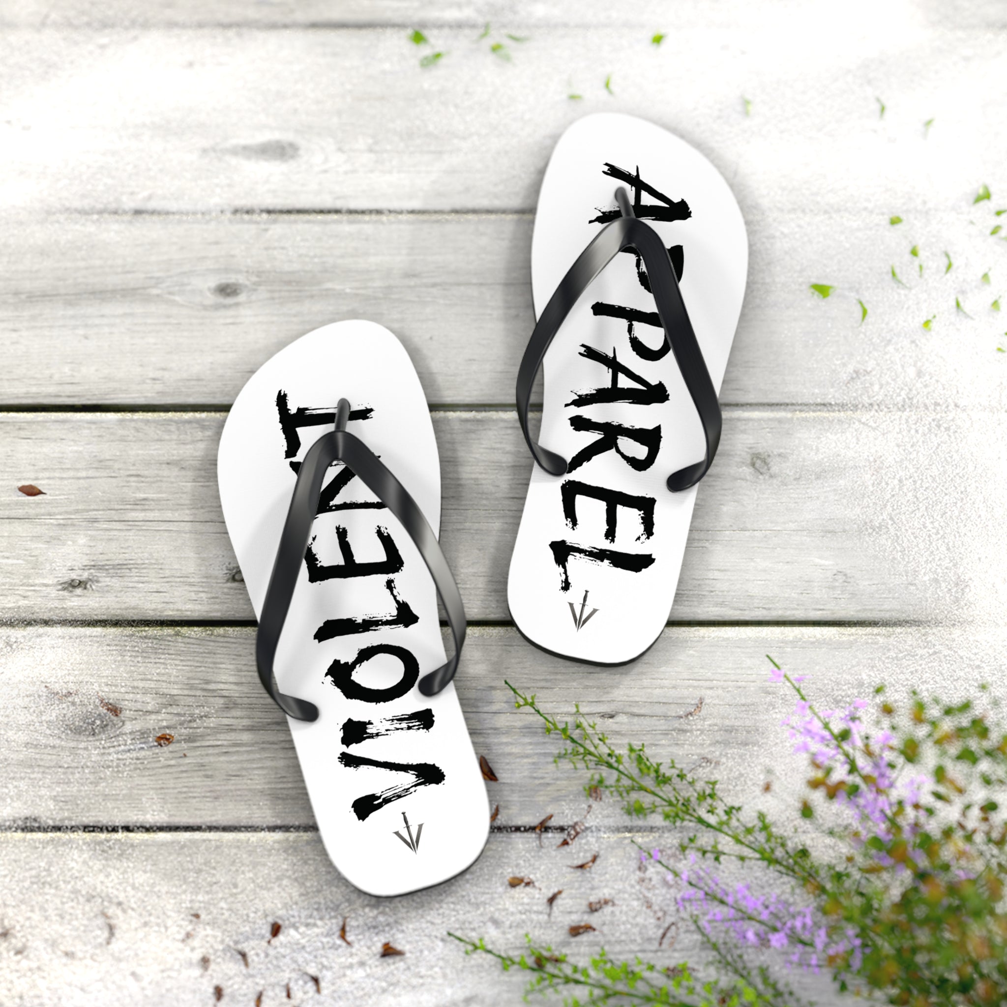 Violent Shower Shoes (Flip Flops) – Black & White 'VIOLENT' / 'APPAREL' Graphic Beach Sandals